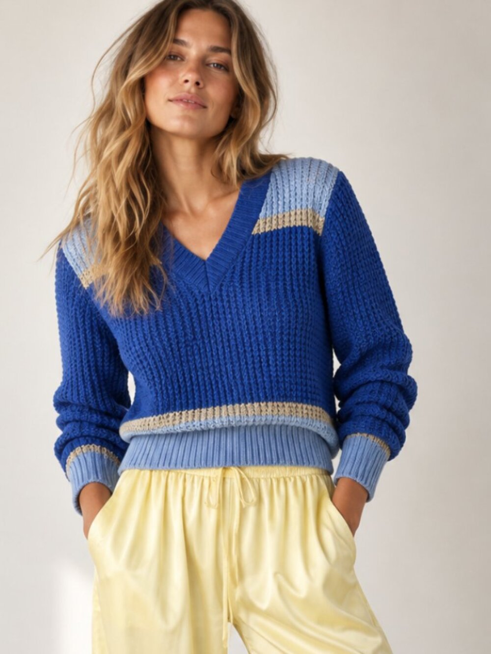 marni x uniqlo blue colorblock waffle knit v-neck sweater size s